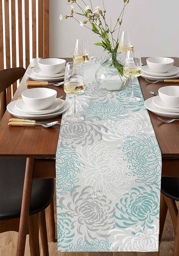 Auqa Chrysanthemum Cotton Linen Table Runner - Image 2