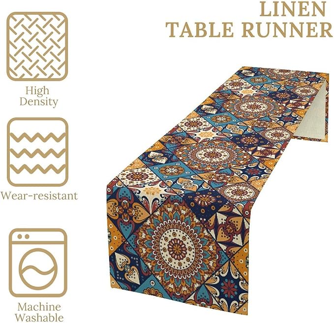 Vintage Mandala Table Runner, Bohemian Brown Blue Tile Traditional Indian - Image 4