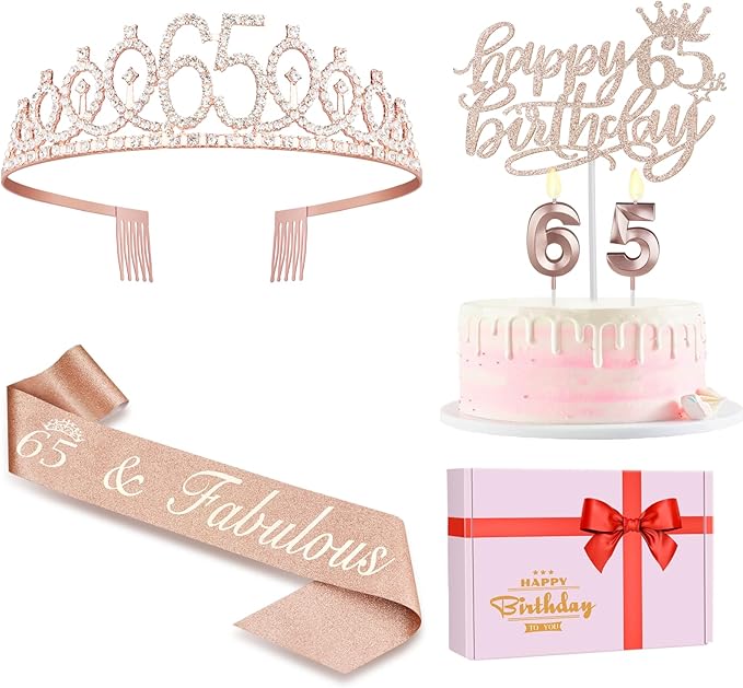 65th Birthday Decorations for Women, Including Sash, Crown/Tiara, Cake Topper by JueslyBirthdayParty