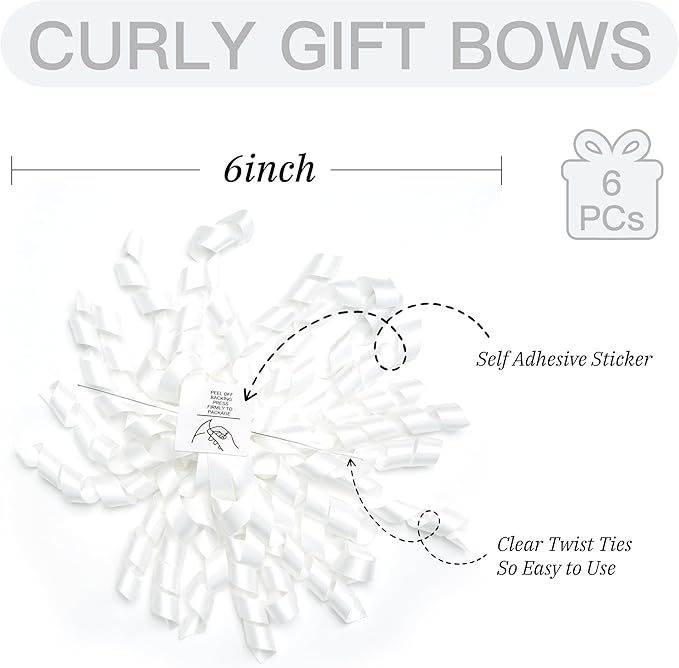 6 Inch White Curly Bows for Gift Wrapping Set of 6, Self Adhesive Bows White - Image 2