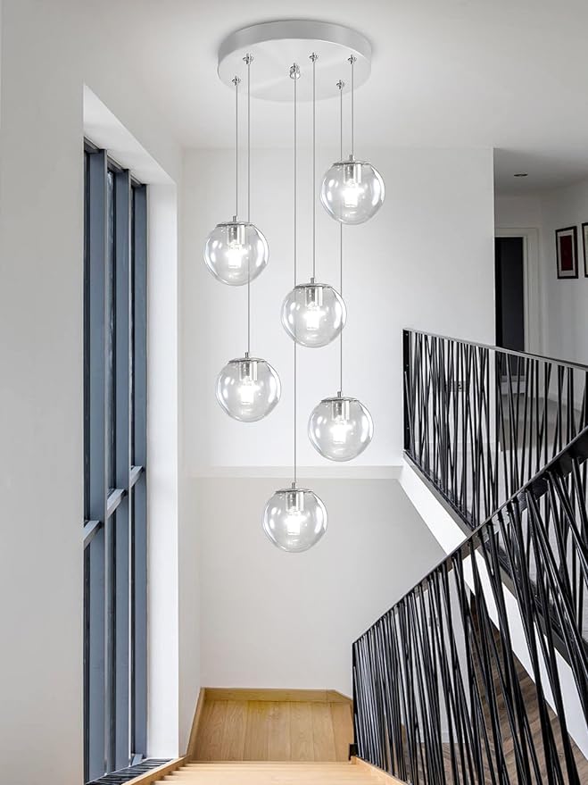 H 87in Modern Glass Globe Chandelier 6-Lights Glass Pendant Light by ShialLighting