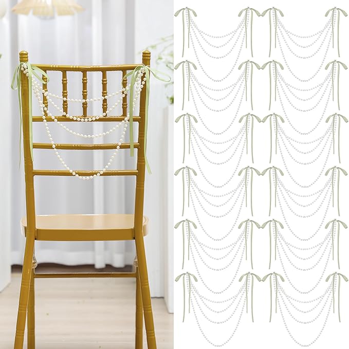 16 Pcs Wedding Pearl Bow Chair Decor Satin Ribbon Bows by Wonderjune
