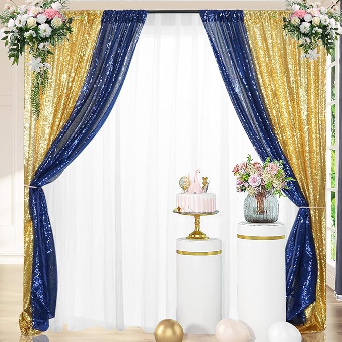 4 Panels Gold&Blue Sequin Backdrop Curtain 2FTx8FT Glitter Sequin Backdrop - Image 4