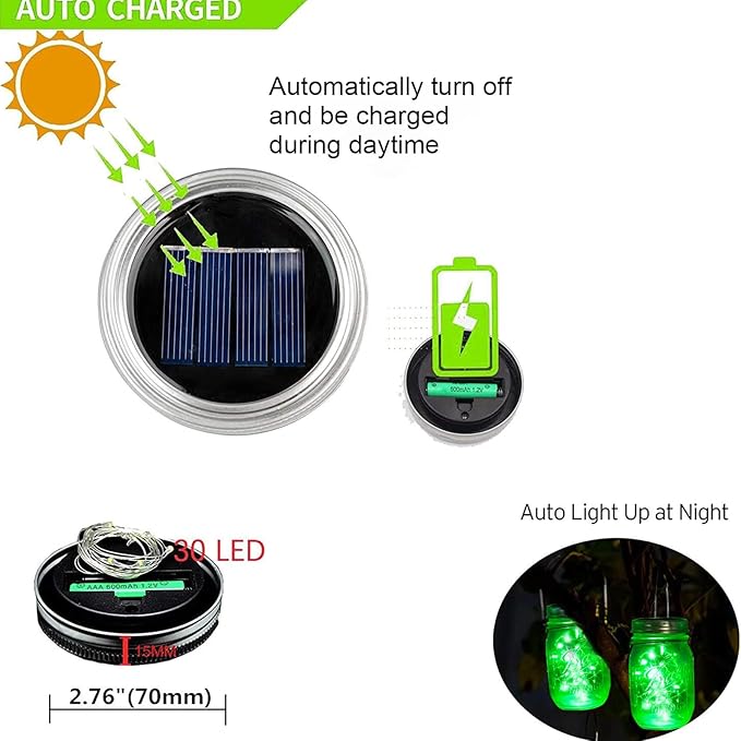 ZNYCYE Solar Mason Jar Lights, 12 Pack 30 LED Fairy Firefly Mason Jar Lids - Image 3