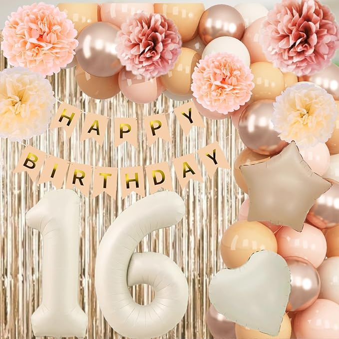 Beige 16th Birthday Decorations Girls Boys Cream Number 16 Balloon Nude Gold - Image 3