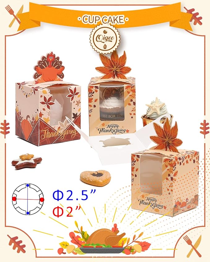 qiqee Thanksgiving Individual Cupcake Boxes Cupcake Holders Disposable 60pcs - Image 5