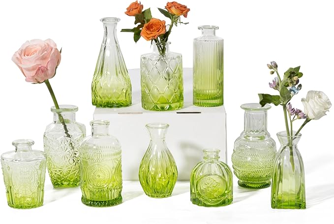 Vintage Small Glass Vases Set of 10, Mini Bud Vases by PURVONNIE