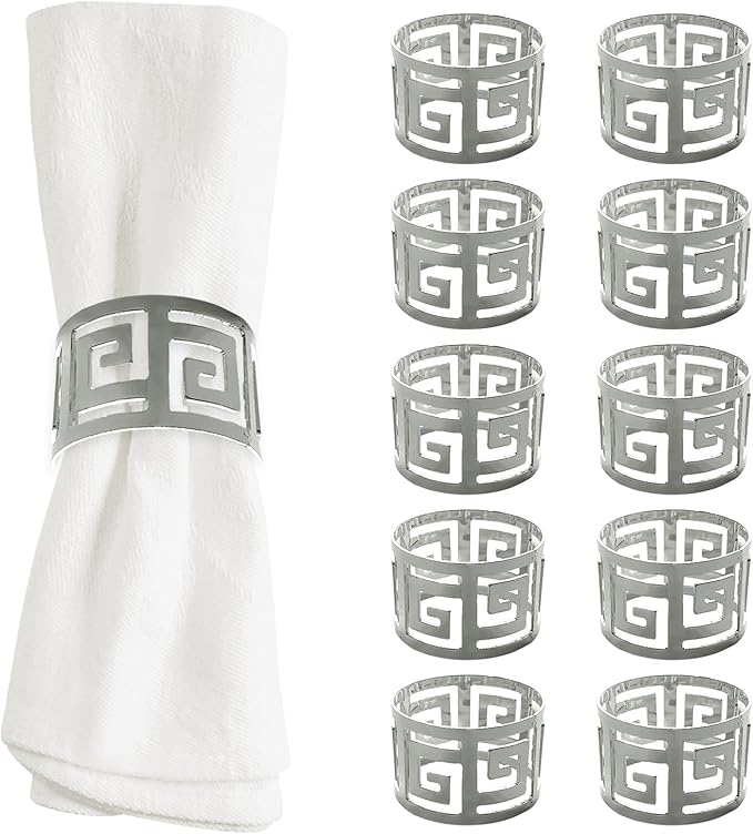 Shiny Silver Napkin Rings Set of 12, Greek Key Round, Modern Cuff Design by Homewear
