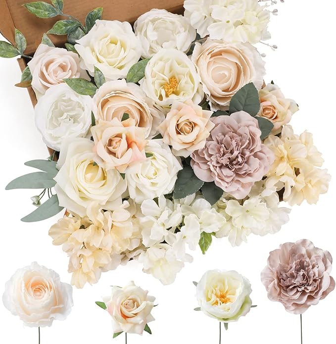 Floweroyal Artificial Flowers Combo White Flowers Mix Silk Flowers Dahlia Roses by FloweroyalCrafts