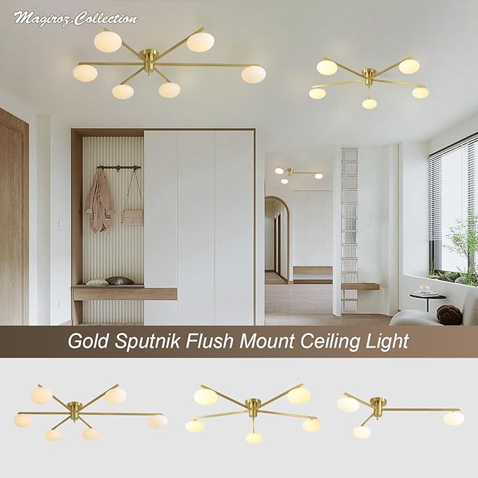 6-Lights Gold Sputnik Chandelier Modern Ceiling Light Fixtures Retro Glass - Image 2