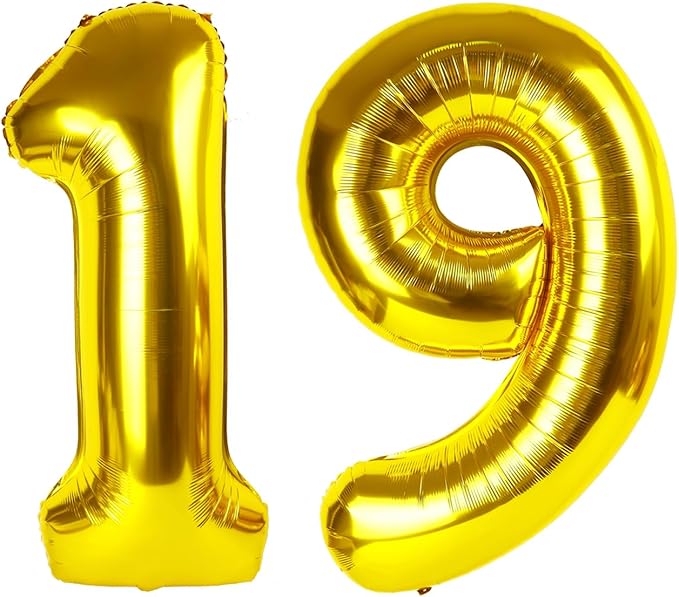 40 Inch Big Gold 19 Balloon Number, Jumbo Giant Happy 19 Nineteen Birthday by Upgesy