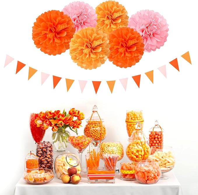 Pink-Orange Groovy Party-Decorations Pom-Poms Streamers - Image 6