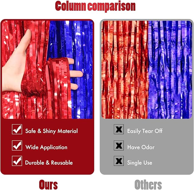 CANREVEL 2 Pack 3.3x8.2 Feet Blue and Red Foil Fringe Backdrop Curtains - Image 3