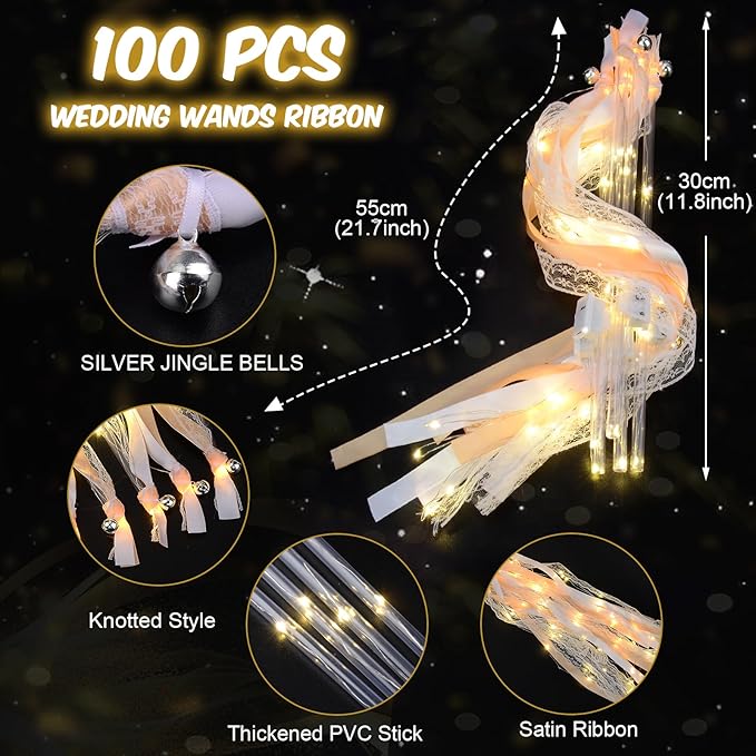 100 PCS Wedding Wands with Lights, Fairy Wands, LED Silk Fairy Wand with Bells - Image 2