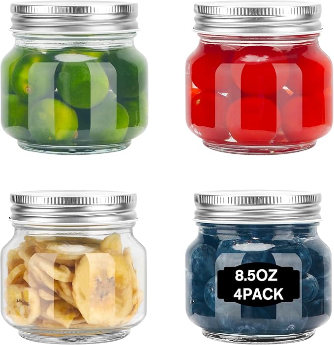 Glass Mason Jars, 4 Pack 8.5oz Clear Glass Regular Mouth Canning Jars by ODDMUCK