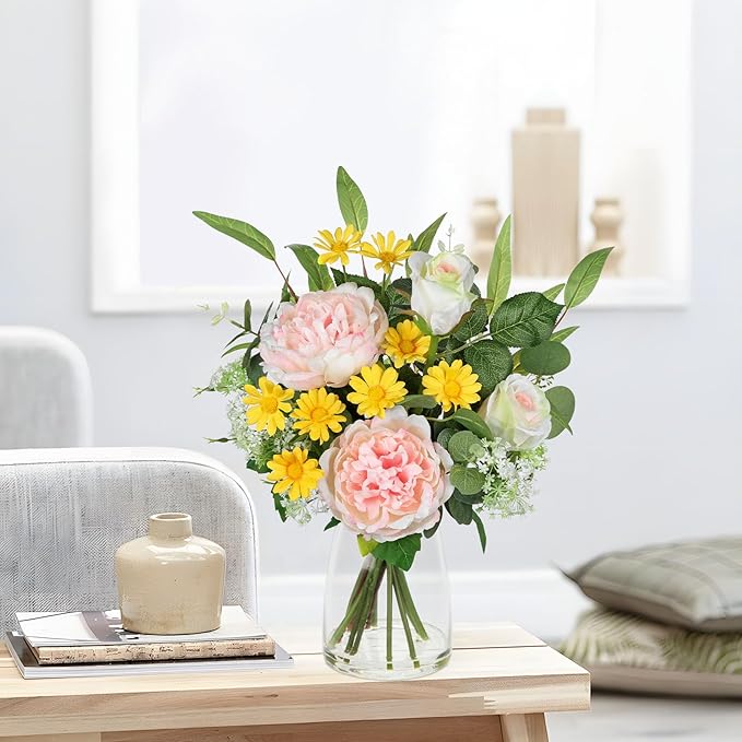 Briful Artificial Flowers in Vase, Mixed White Rose Pink Peony Yellow Daisy and - Image 4