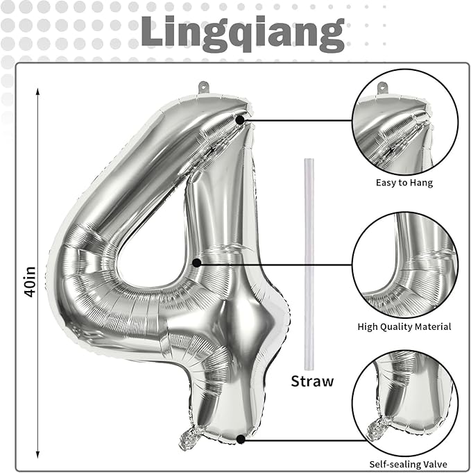 Silver Number Balloons, 40inch Large Number 4 Foil Helium Balloons - Image 2