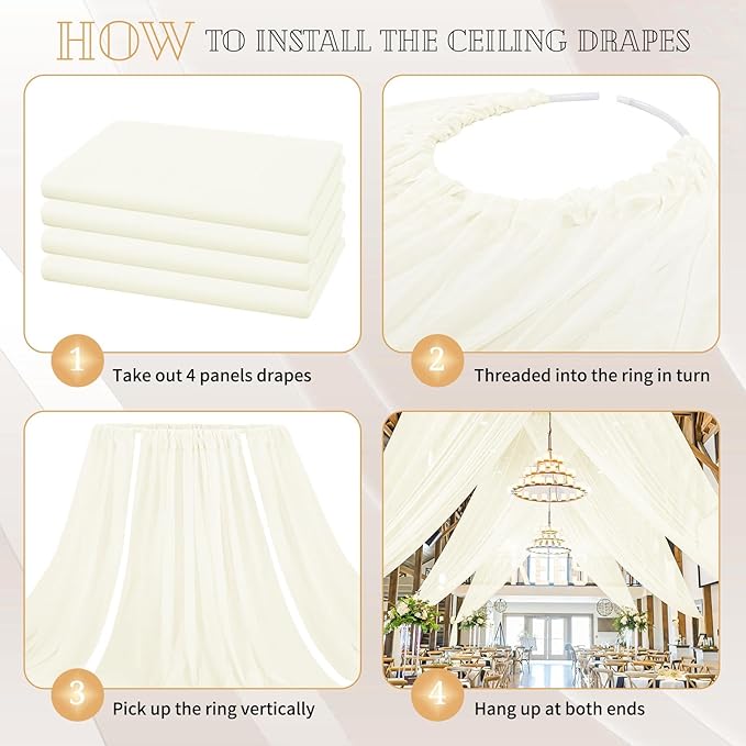 4 Panels Ivory Ceiling Drapes for Wedding 5ftx40ft Sheer Drapery Chiffon Fabric - Image 4