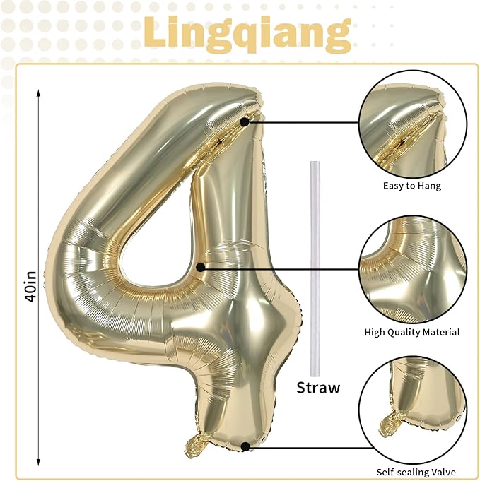 Champagne Gold Foil Balloon Number 4, Large Light Gold Number 4 Helium Balloon - Image 2