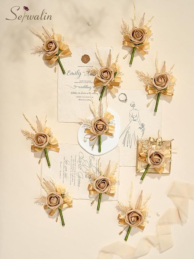 Serwalin 10Pcs Boutonniere for Men, Khaki Groom and Best Man Boutonniere - Image 7