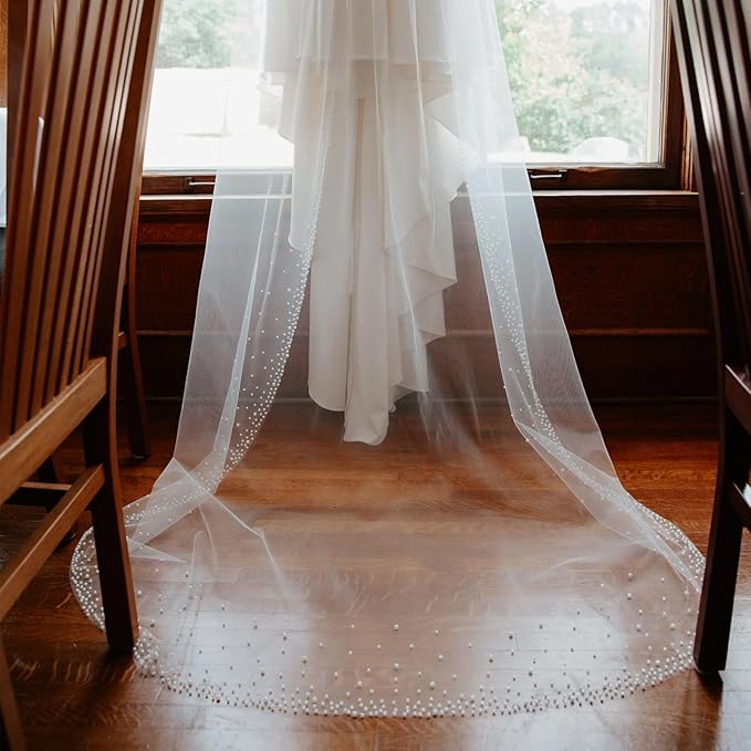 1 Tier Pearl Wedding Bridal Veil - Image 5