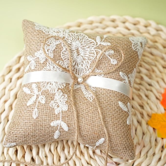 QIRMIZI Vintage Rustic Burlap Ring Bearer Pillow - Image 3