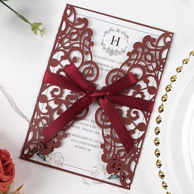 50pcs Burgundy Wedding Invitation Cards Pocket by Maffily