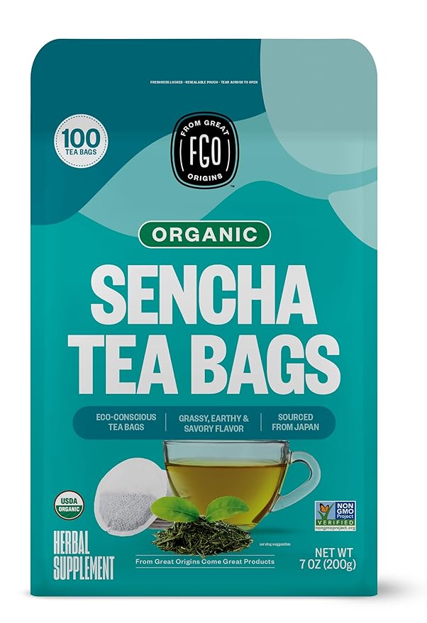 FGO Organic Sencha Green Tea, Eco-Conscious Tea Bags, Resealable Bag, Sourced by FGO