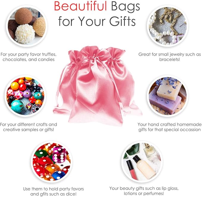 Knitial 4" x 6" Light Pink Satin Gift Bags, Wedding Favor Silky Drawstring Bags - Image 2