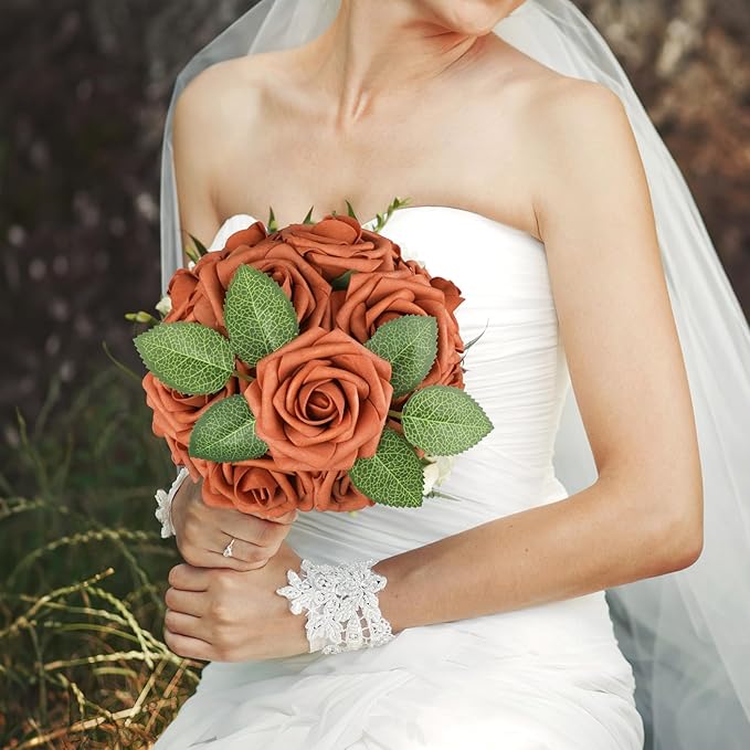 AmyHomie Artificial Flowers Burnt Orange Rose 25pcs Real Looking Fake Roses - Image 3