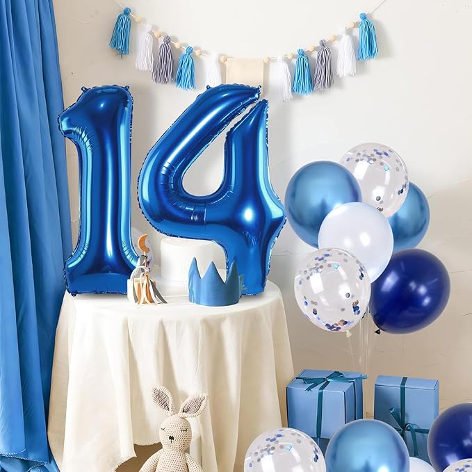 Large Foil Number 14 Balloons, Big Light Navy Blue 14 Helium Balloon - Image 5