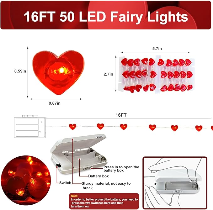1 Pack Valentine’s Day Red Heart Fairy String Lights 16FT 50 LEDs Valentine's - Image 2