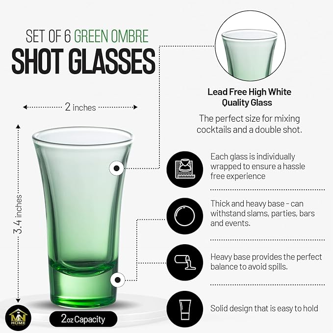M&N HOME Ombre Green Shot Glass Set, 2 Oz Set of 6 Colored Shot Glasses - Image 4