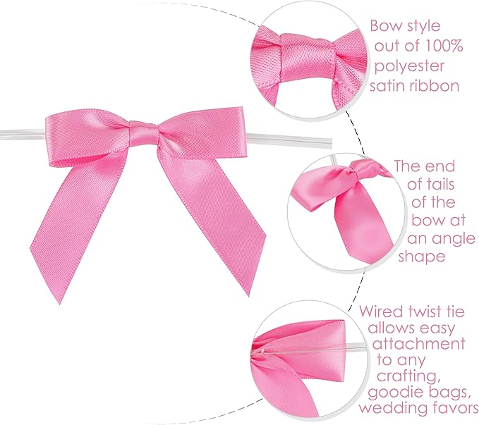 AIMUDI Hot Pink Bows 2.5" Pink Ribbon Valentine's Day Twist Tie Bow Pre Tied - Image 4