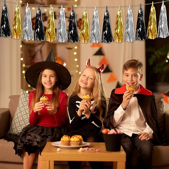 4P Black Gold Silver Foil Fringe Tassel Garland Banner Metallic Tinsel - Image 6