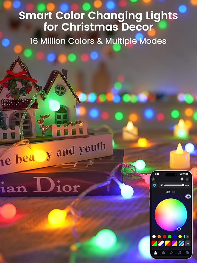 78ft Smart Color Changing Christmas Lights, 200 LED RGB Globe String Lights App - Image 2