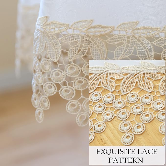 Beige lace Premium Round Farmhouse Tablecloth Waterproof OilProof SpillProof - Image 3