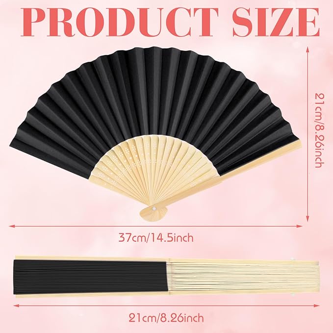 12 Pieces Black Hand Held Bamboo Folding Fans Paper Fans Handheld - Image 2