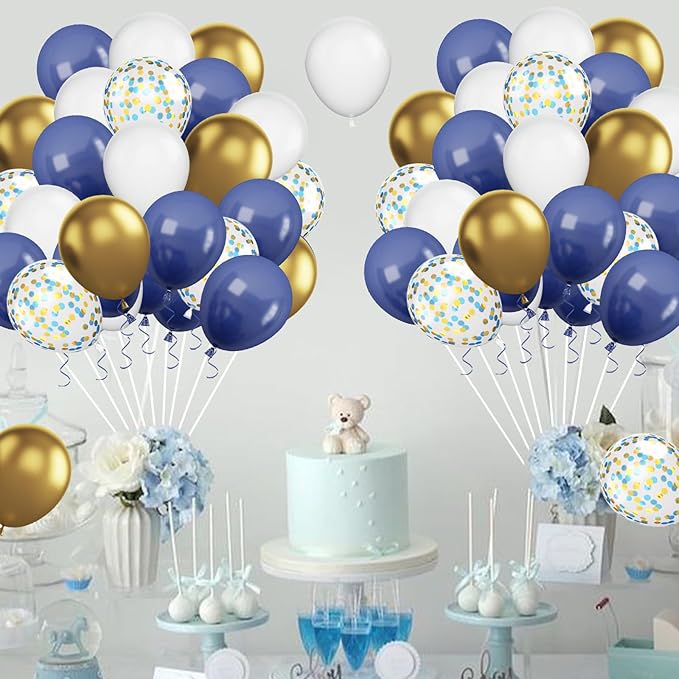 Navy Blue and Gold Balloons, 12 Inch Metallic Gold Blue Confetti Balloons White - Image 6