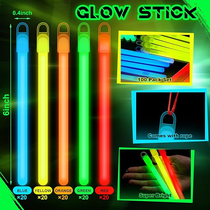 Lewtemi 4" or 6" 100 Pack Bright Glow Sticks Bulk, Glow in The Dark Party - Image 2