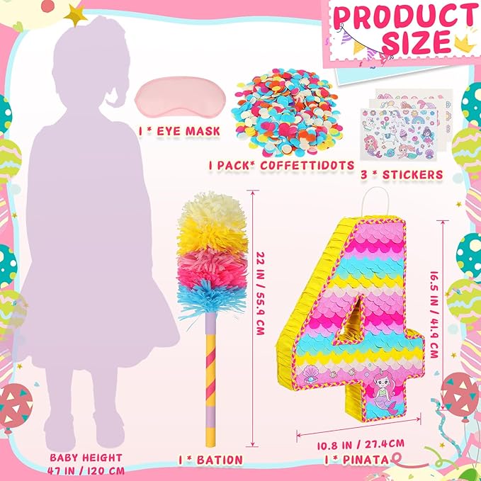 Number 4 Pinata for Birthday Party Decorations, Unicorn Mermaid Theme Pink - Image 5