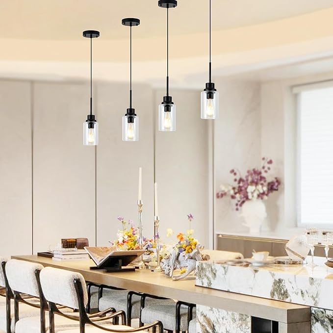 Island Lights for Kitchen, Modern Black Farmhouse Clear Glass Cylinder Pendant - Image 3