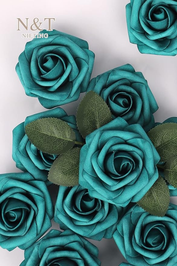 N&T NIETING Artificial Flowers Foam Roses 25 pcs Peacock Green Fake Roses w/Stem - Image 2