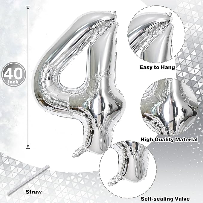40 Balloons Silver, Giant Number 4 & 0 Helium Foil Balloon - Image 2