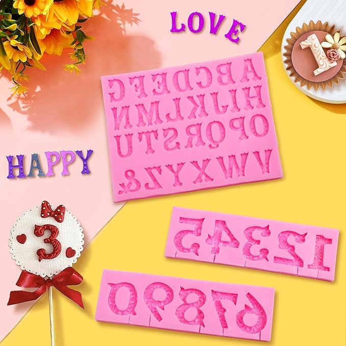 Silicone Fondant Molds, AIMEIKI 3 Pack 3D Silicone Number 0-9 Alphabet A-Z - Image 3