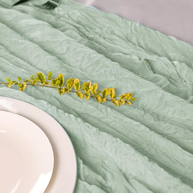 Hahuho Sage Green Cheesecloth Table Runner 10ft, Gauze Boho Rustic Table Runners - Image 3