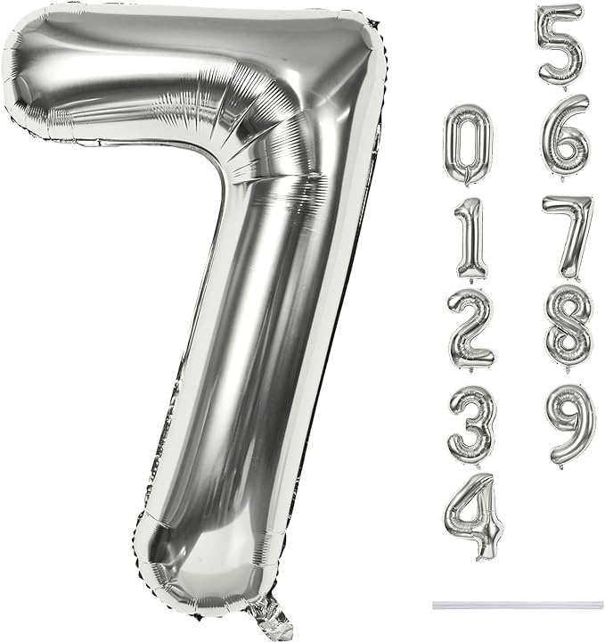 40'' Silver Number 7 Balloons, Self Inflating Foil Number Balloons Set 0-9 by Lingqiang
