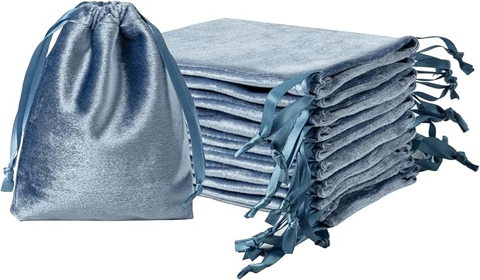 QIANF 12pcs Dusty Blue Velvet Drawstring Bags 3x4 inches Glossy Small Velvet by QIANF