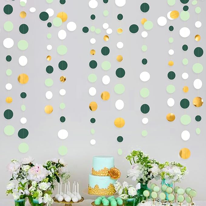 46 Ft Sage Green Gold Party Decorations Polka Dots Garlands Hanging Paper by pinkblume