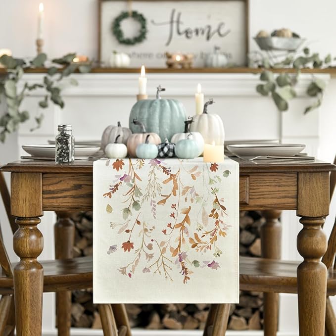 Artoid Mode Floral Leaves Fall Table Runner, Wild Flowers and Grasses Seasonal - Image 2